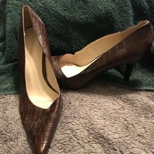 Chocolate brown, crocodile dress pumps